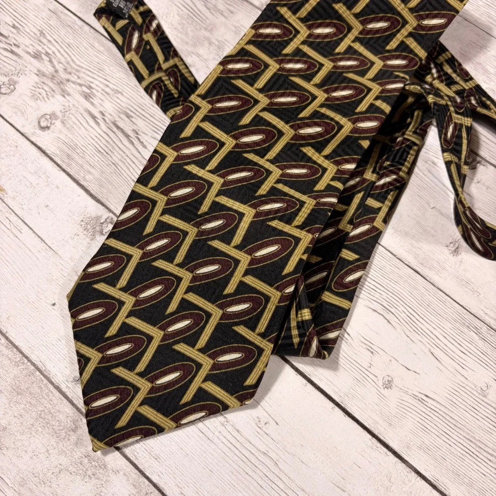 Woodward Mens Silk Necktie Geometric Abstract Gold Burgundy Black Costa Rica